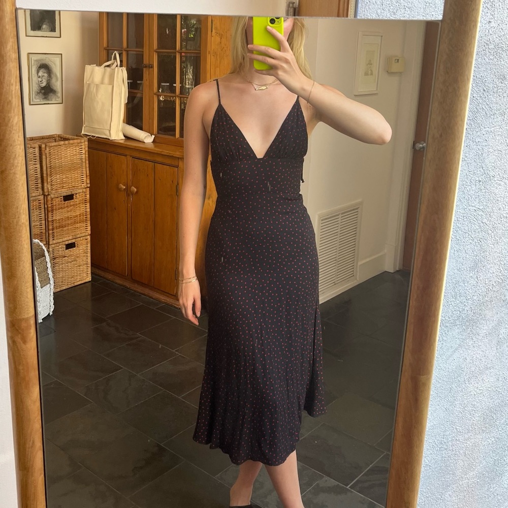 Reformation Black Midi Dress with Tiny Red Dot Print